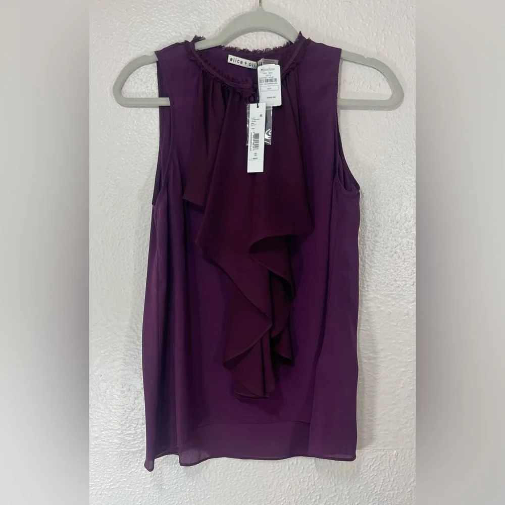 Alice + Olivia Silk Elisa High Neck Wine Merlot Ruffle Sleeveless Top Women’s XS - Picture 16 of 16